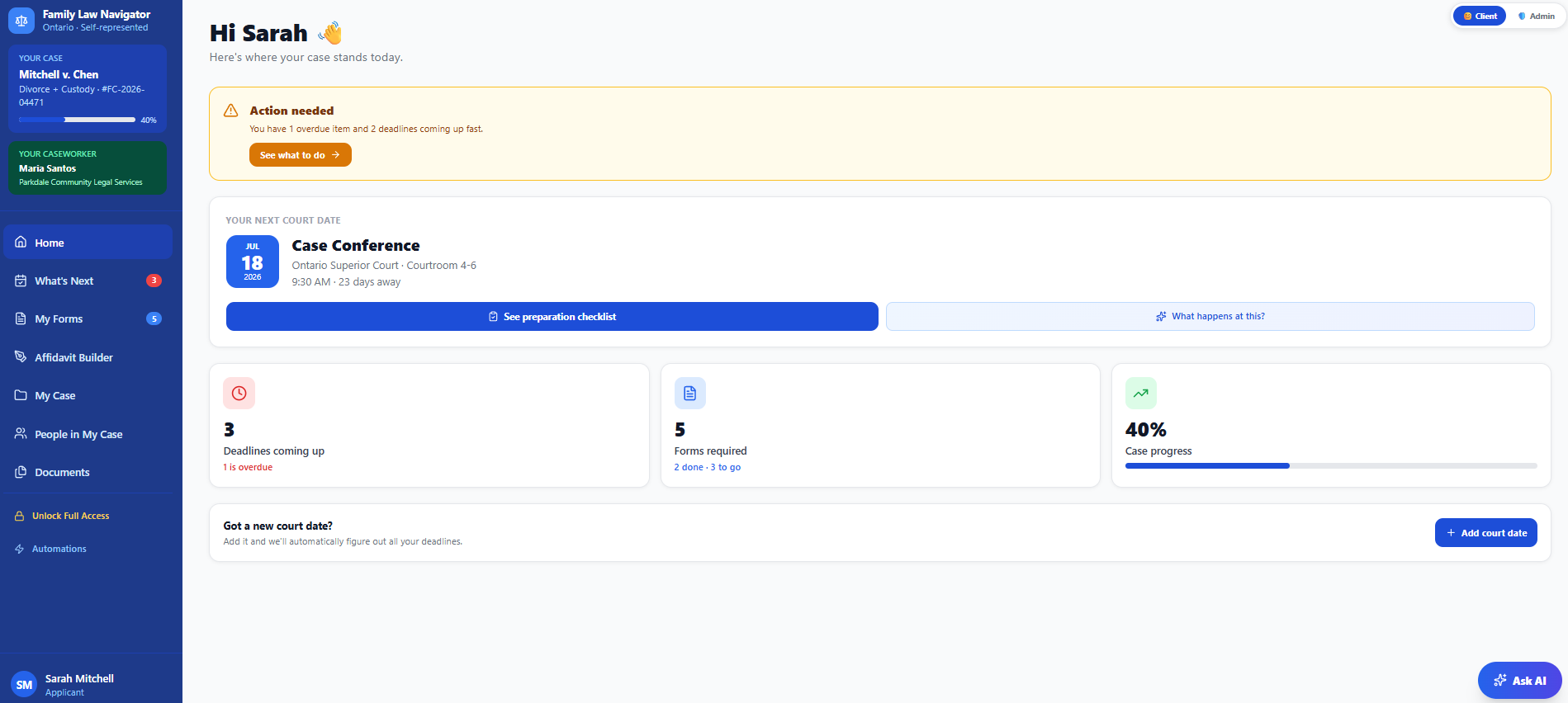 My Family Navigator product dashboard